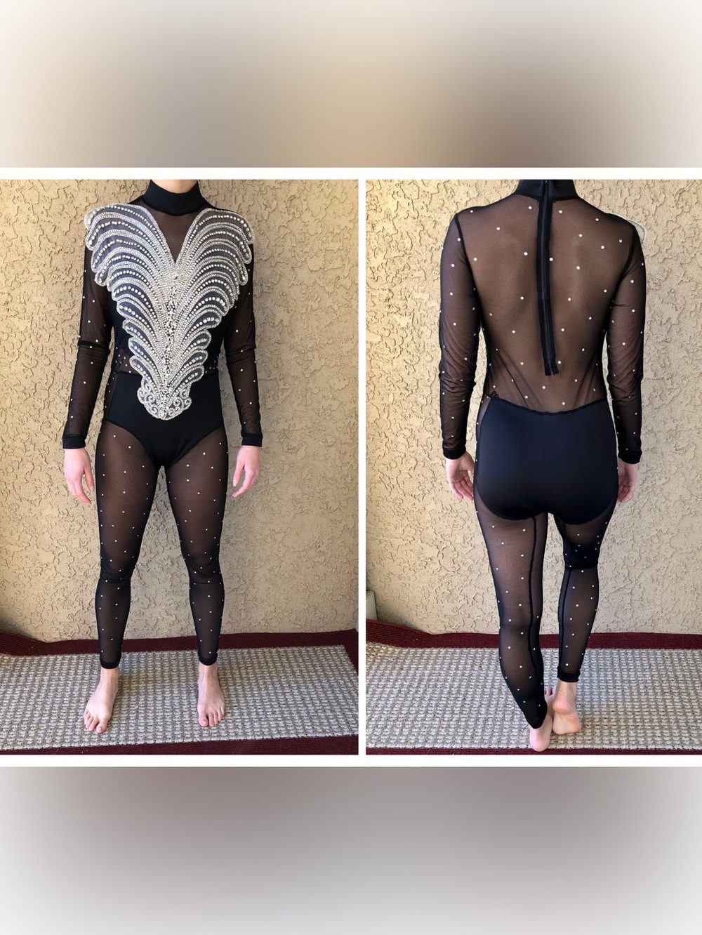 Black unitard with silver wing applique AS